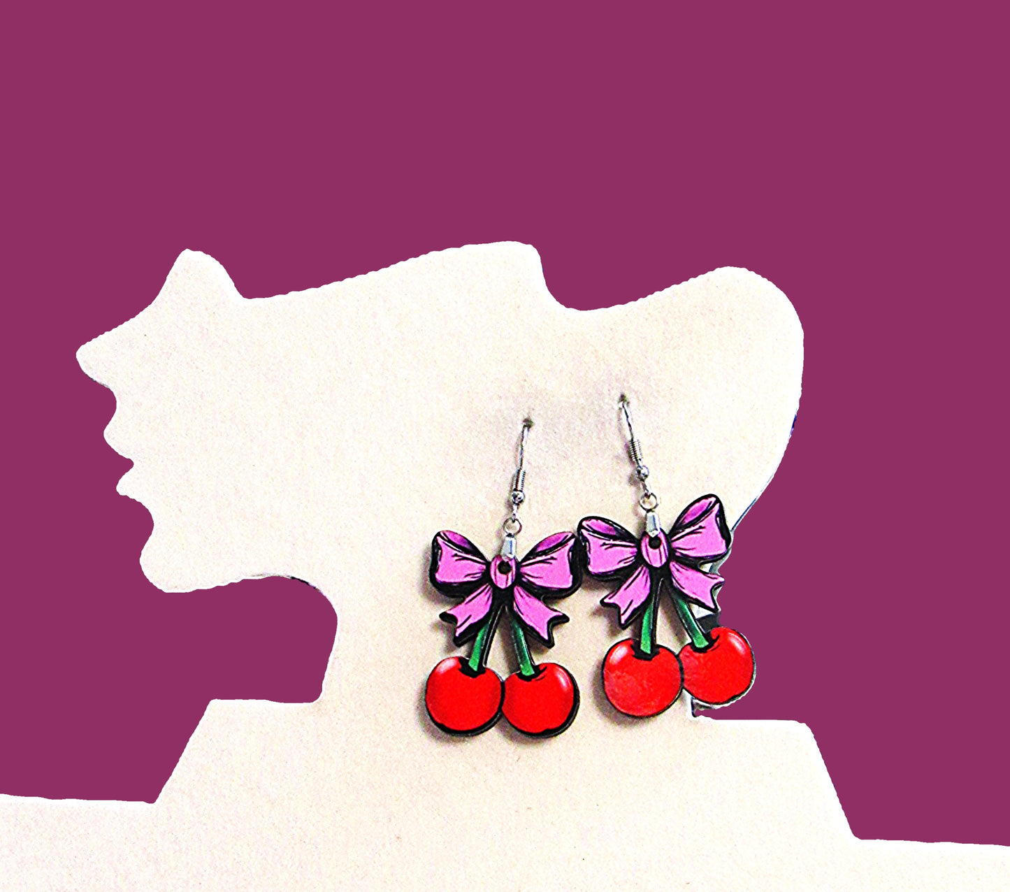 Cherries with Bow Shaped Sublimated Earrings 1.5 inch