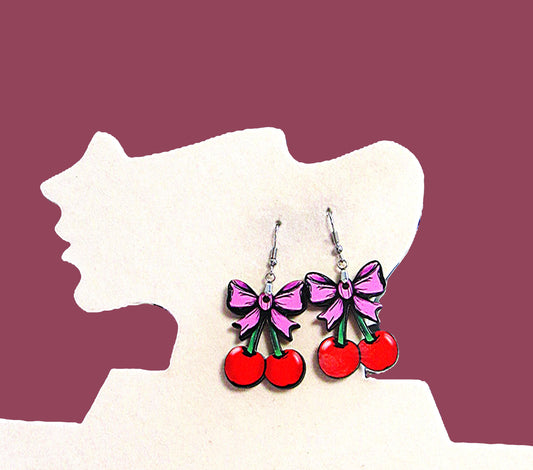 Cherries with Bow Shaped Sublimated Earrings 1.5 inch