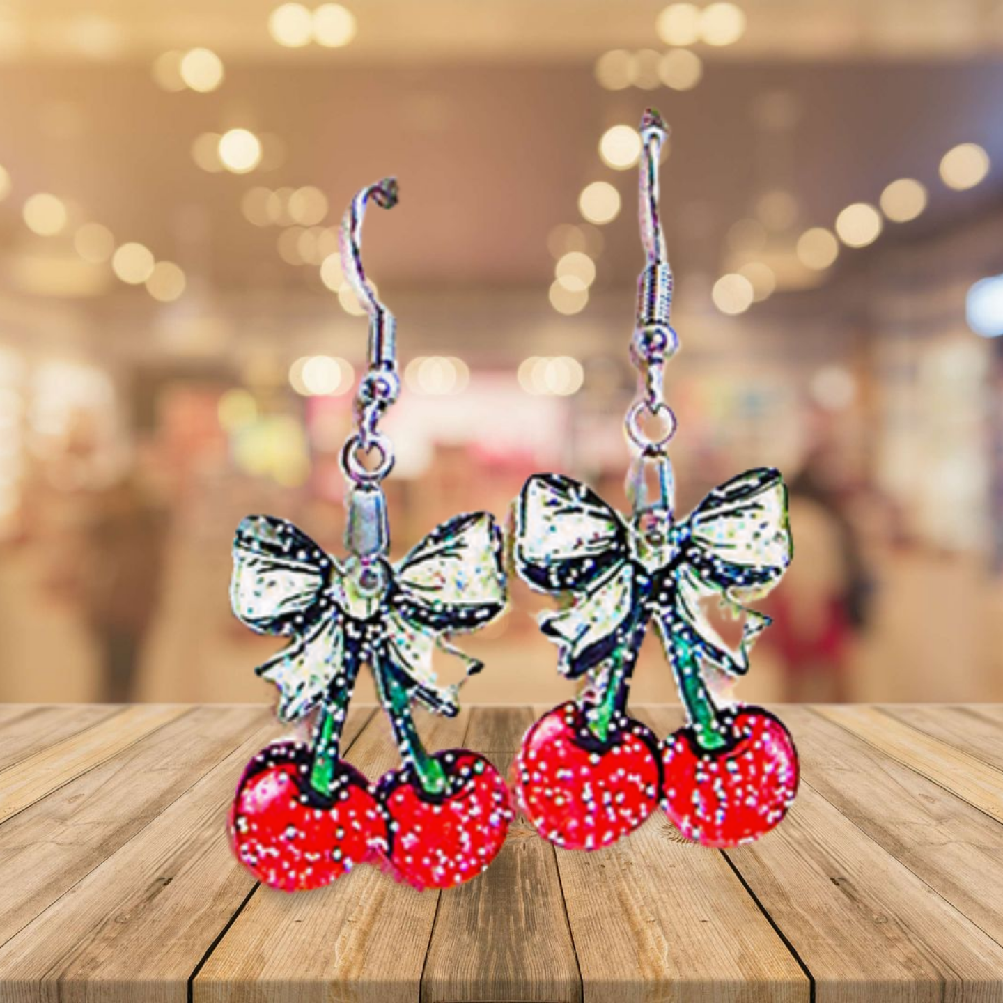 Glitter Acrylic Cherries with Bow Shaped Sublimated Earrings 1 inch