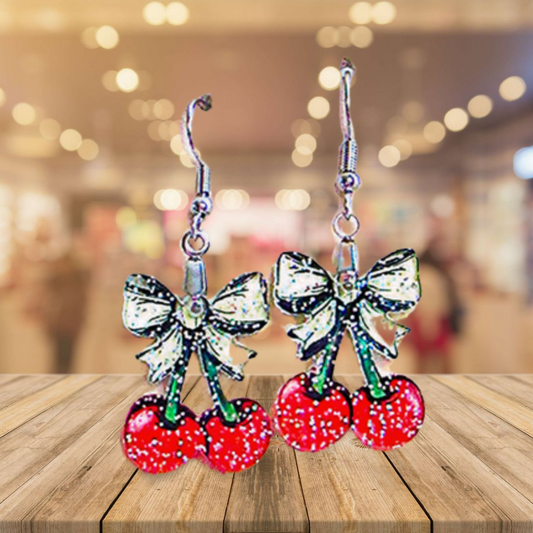 Glitter Acrylic Cherries with Bow Shaped Sublimated Earrings 1 inch