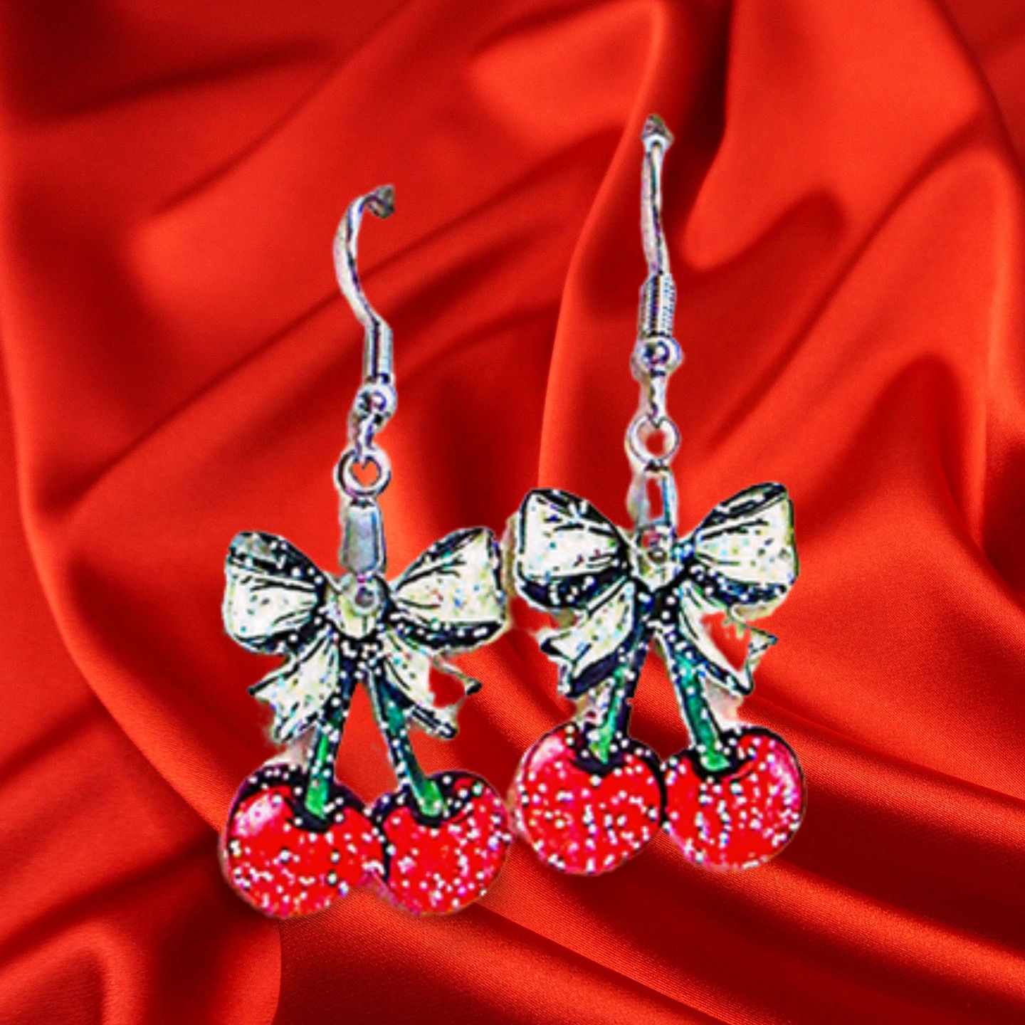 Glitter Acrylic Cherries with Bow Shaped Sublimated Earrings 1 inch
