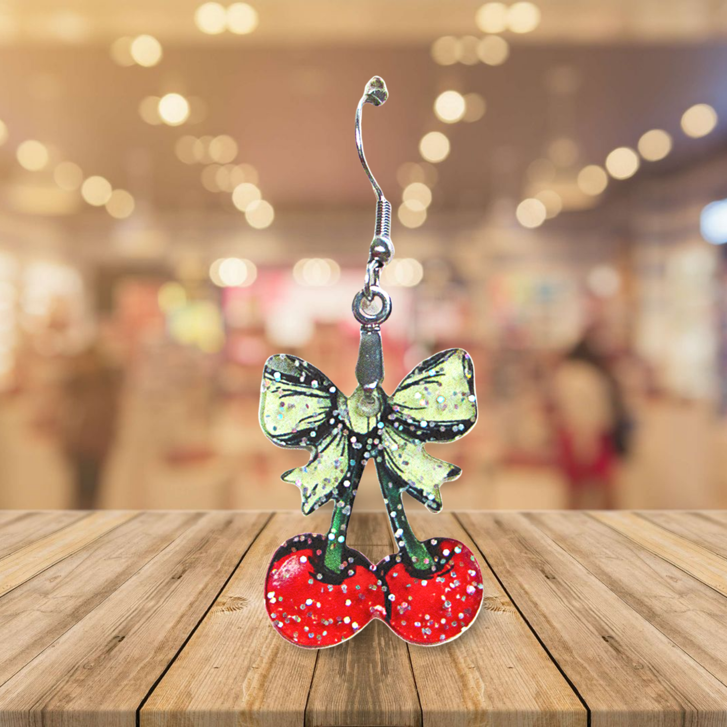 Glitter Acrylic Cherries with Bow Shaped Sublimated Earrings 1 inch