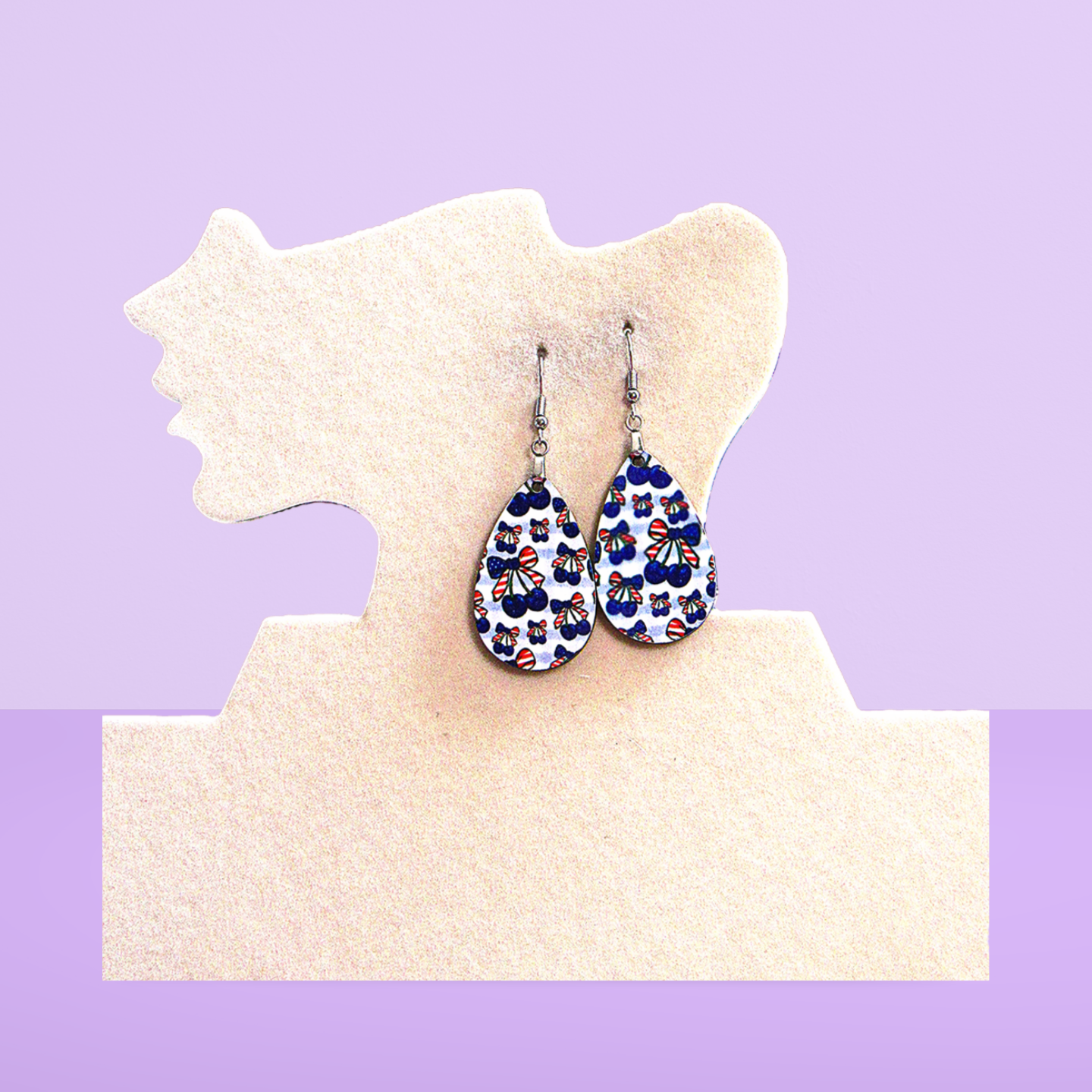 Patriotic Cherry Themed Teardrop Shaped Sublimated Earring