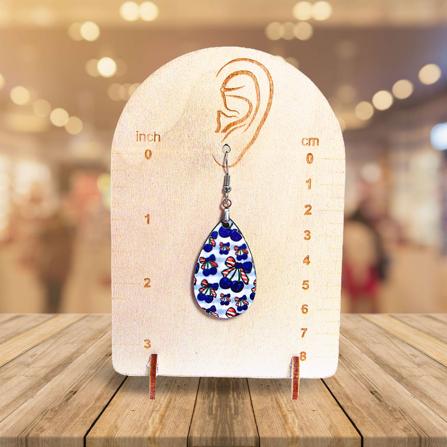 Patriotic Cherry Themed Teardrop Shaped Sublimated Earring