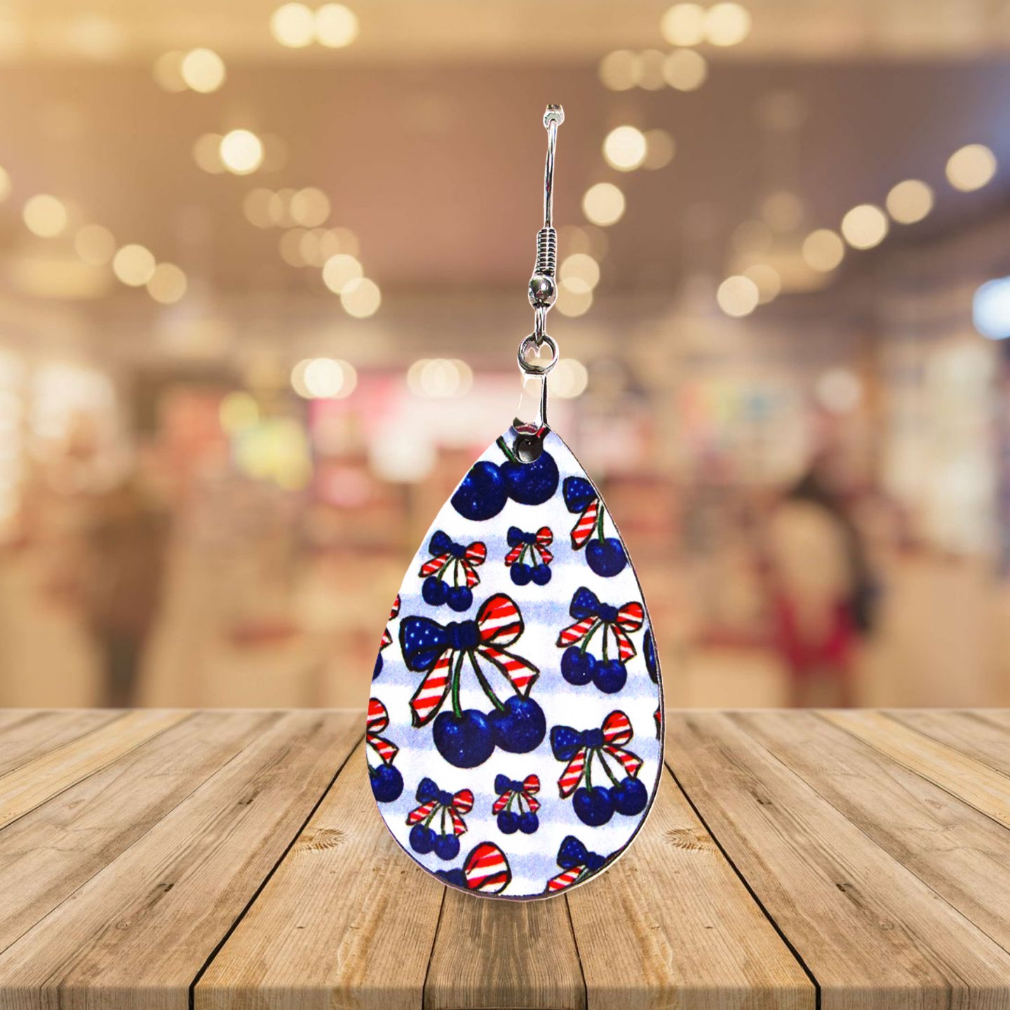 Patriotic Cherry Themed Teardrop Shaped Sublimated Earring