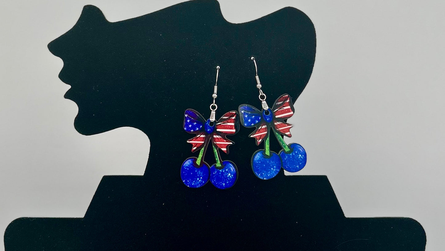 Cherries with Bow Shaped Sublimated Earrings 1.5 inch