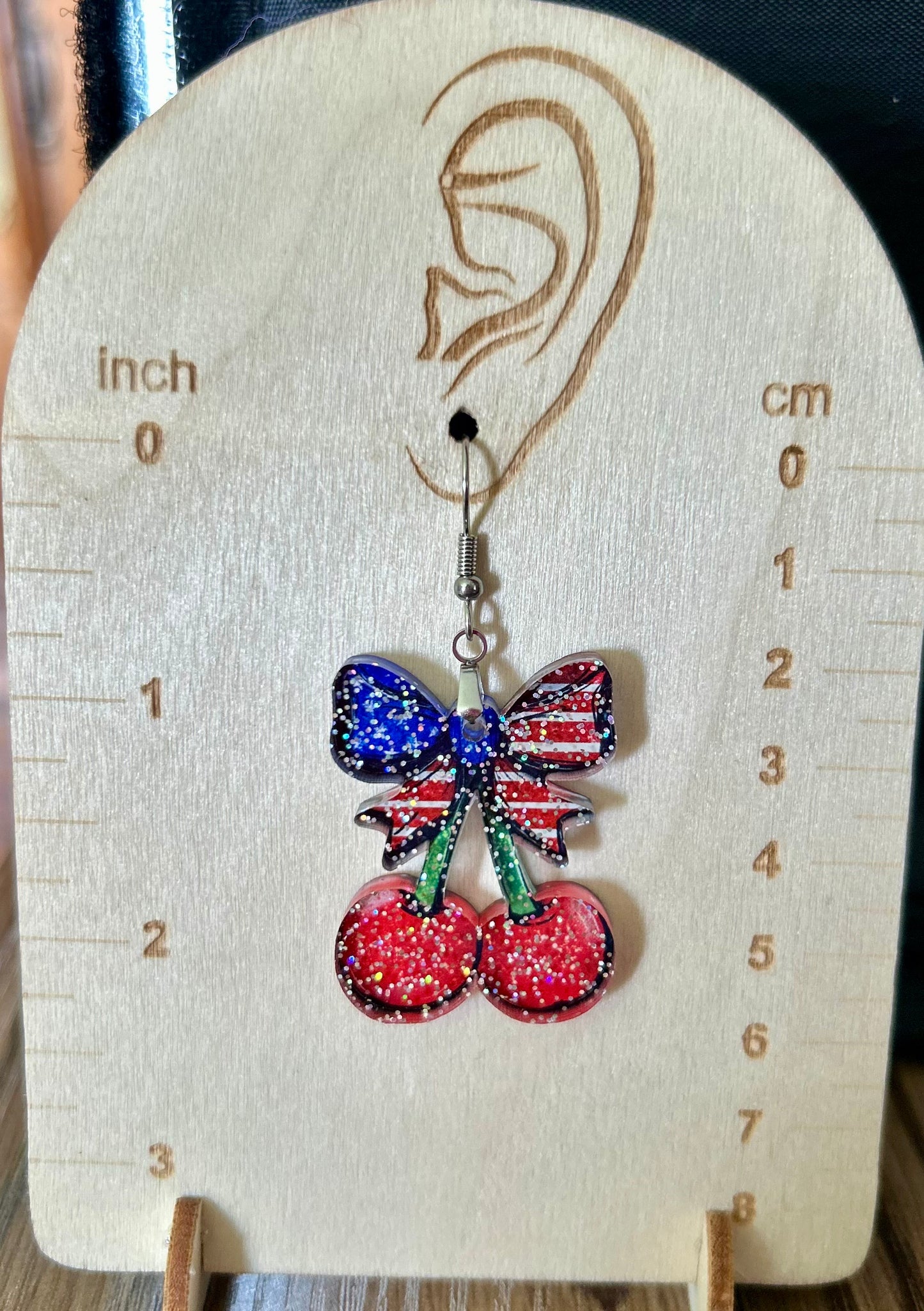 Acrylic Cherries with Bow Shaped Sublimated Earrings 1.5 inch