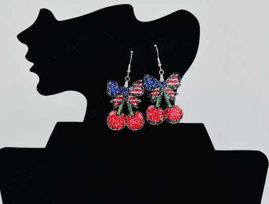 Acrylic Cherries with Bow Shaped Sublimated Earrings 1.5 inch