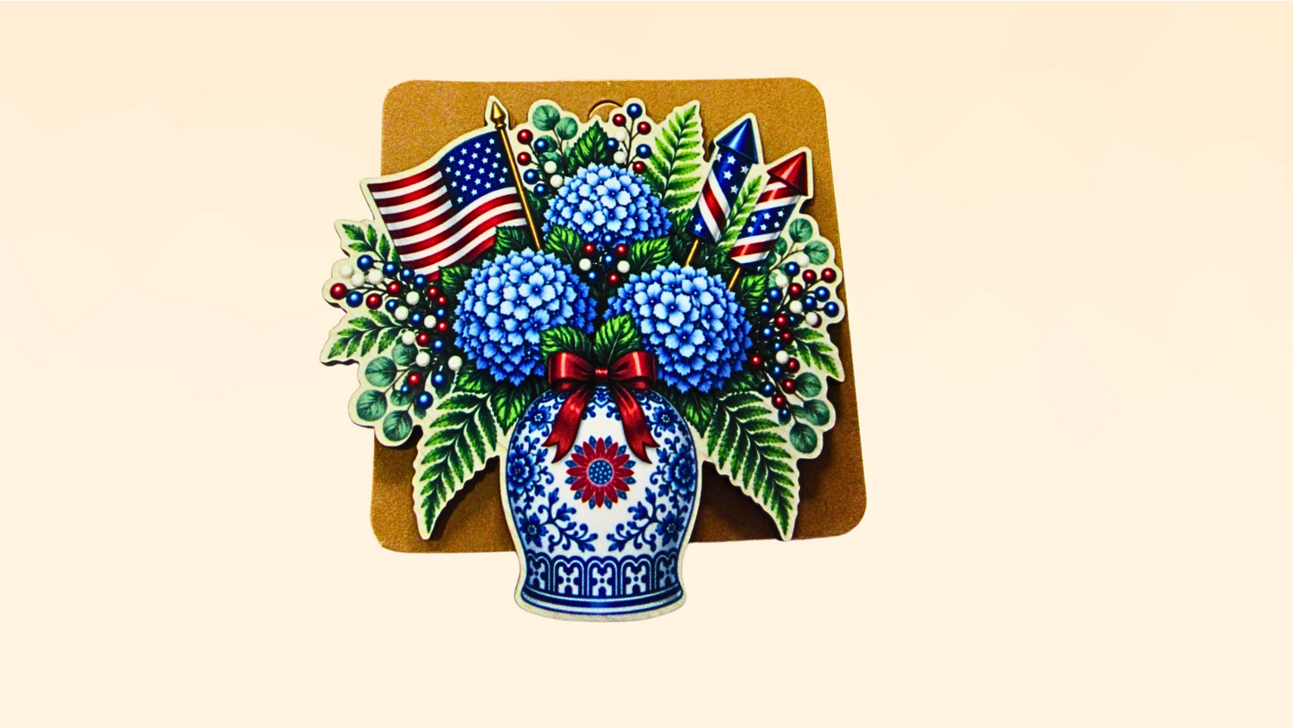 Patriotic Car Vent Clip Vase with Flowers, Red White and Blue Car Charm