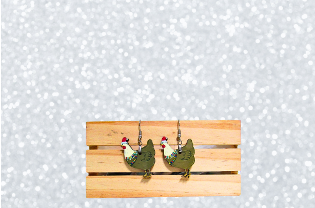 MDF-Santa Hat Chicken Sublimated Earrings 1.5 inch
