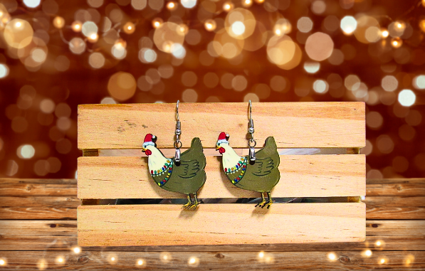 MDF-Santa Hat Chicken Sublimated Earrings 1.5 inch