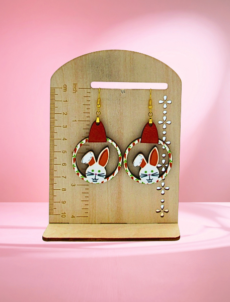 MDF-Faux Leather Bunny Round Shaped Sublimated Earrings