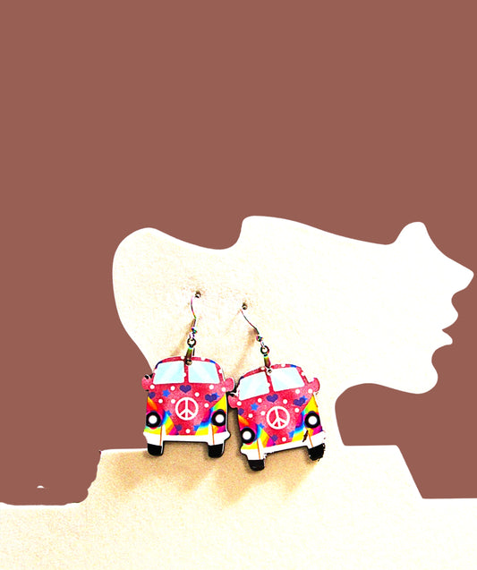 Hippie Van Shaped Sublimated Earrings 1 1/2 inch
