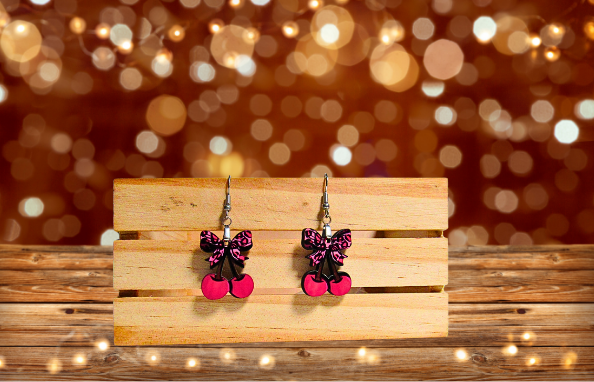 MDF-Cherries with Bow Shaped Sublimated Earrings 1 inch