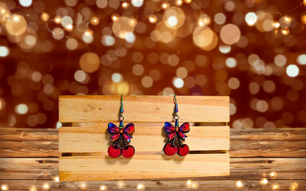 MDF-Cherries with Bow Shaped Sublimated Earrings 1 inch