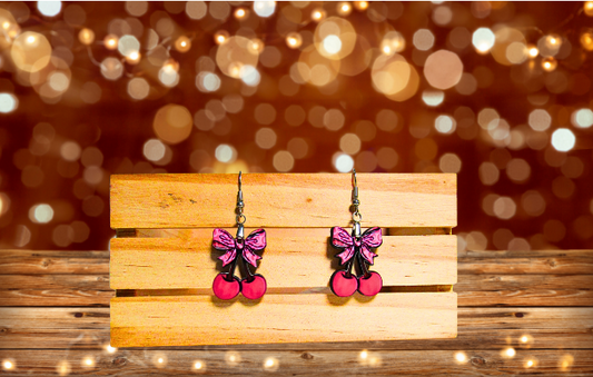 MDF-Cherries with Bow Shaped Sublimated Earrings 1 inch