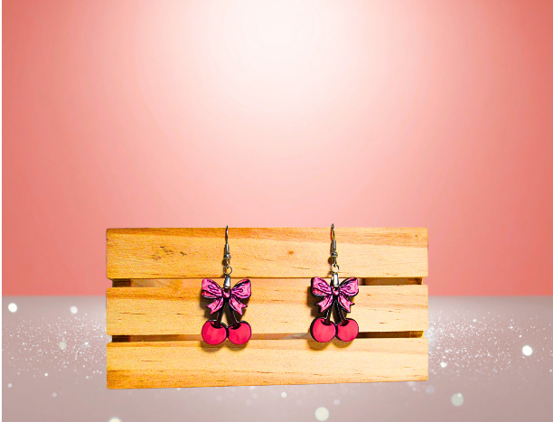MDF-Cherries with Bow Shaped Sublimated Earrings 1 inch