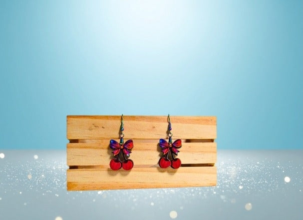 MDF-Cherries with Bow Shaped Sublimated Earrings 1 inch