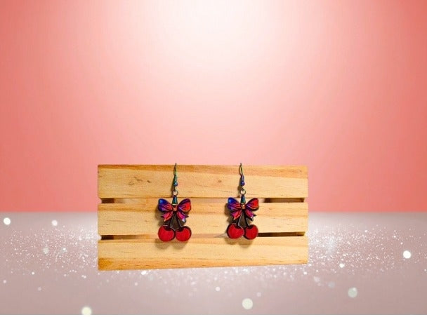 MDF-Cherries with Bow Shaped Sublimated Earrings 1 inch