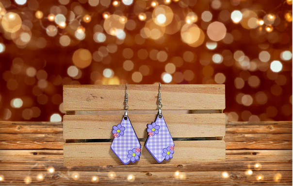 MDF- Gingham Fancy Flower Shaped Sublimated Earrings 1.5 inch