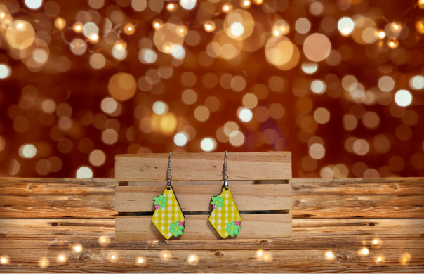 MDF- Gingham Fancy Flower Shaped Sublimated Earrings 1.5 inch