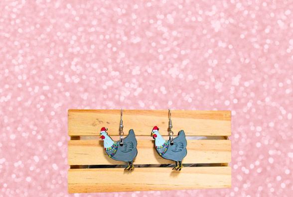 MDF-Santa Hat Chicken Sublimated Earrings 1.5 inch