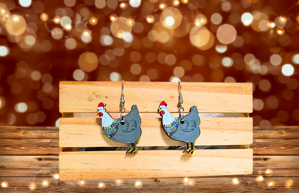 MDF-Santa Hat Chicken Sublimated Earrings 1.5 inch