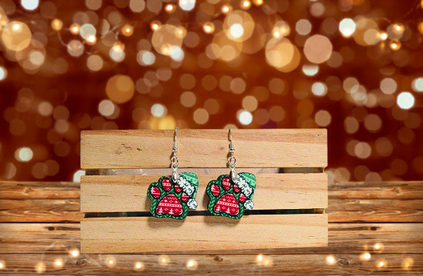 Santa Hat Paw Print Shaped Sublimated Earrings 1 inch