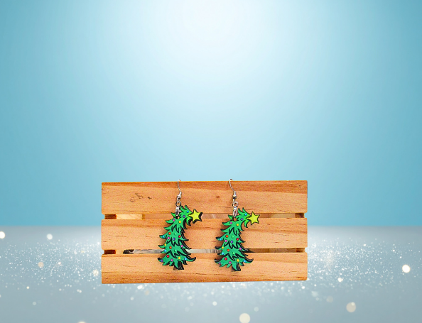 MDF- Whimsical Christmas Tree Shaped Sublimated Earrings 1.5 inch