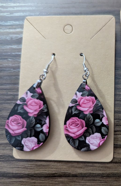 Flower Themed Teardrop Shaped Sublimated Earrings