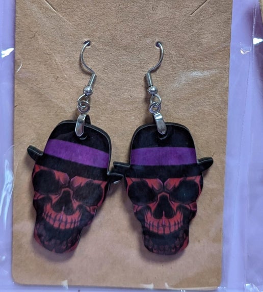Skull with Hat Shaped Sublimated Earrings 1.5 inch