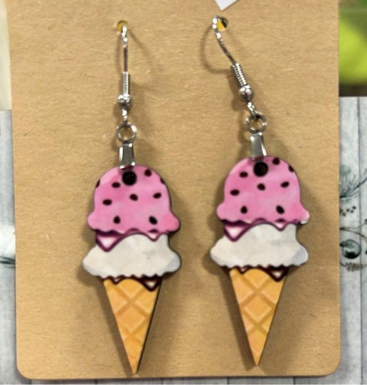 Ice Cream Cone Shaped Sublimated Earrings