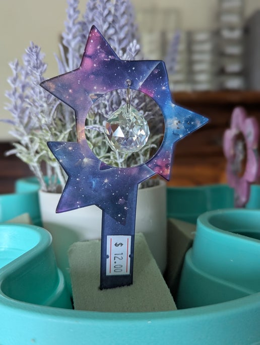 Acrylic Shaped Sublimated Garden Stake with hole and  crystal or Acrylic charm