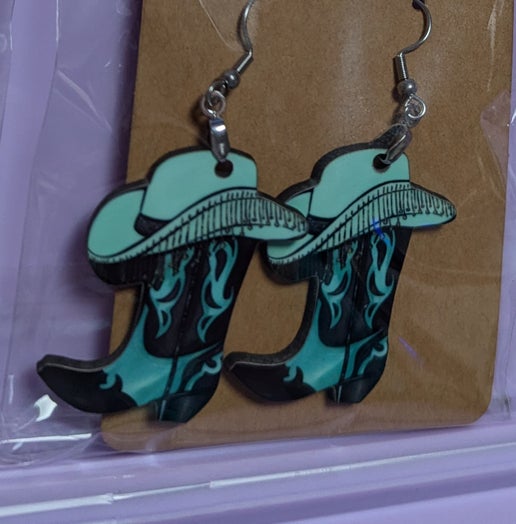 Cowboy Boot with Hat Shaped Sublimated Earrings 1.5 inch