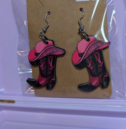 Cowboy Boot with Hat Shaped Sublimated Earrings 1.5 inch