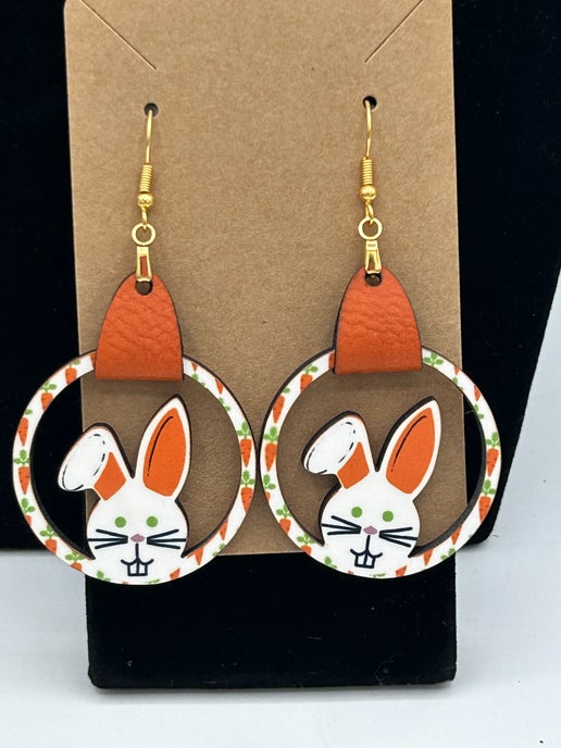 Faux Leather Bunny Round Shaped Sublimated Earrings
