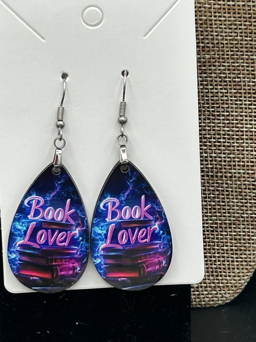 Book Themed Teardrop Shaped Sublimated Earrings