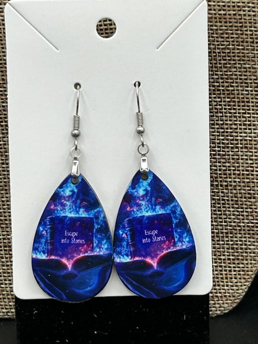 Book Themed Teardrop Shaped Sublimated Earrings