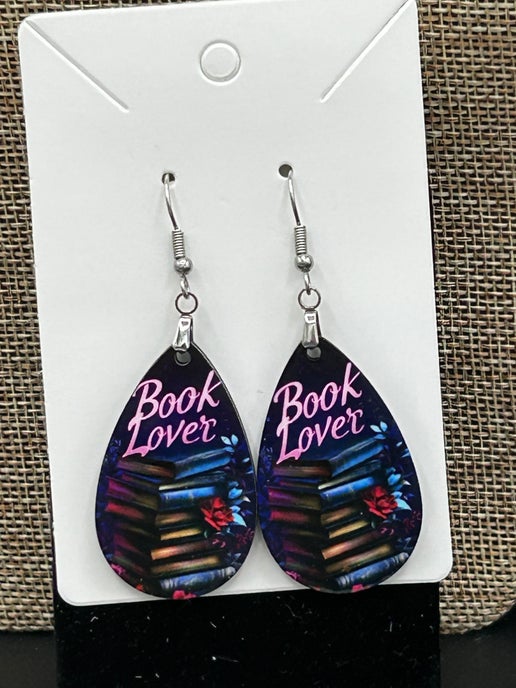 Book Themed Teardrop Shaped Sublimated Earrings