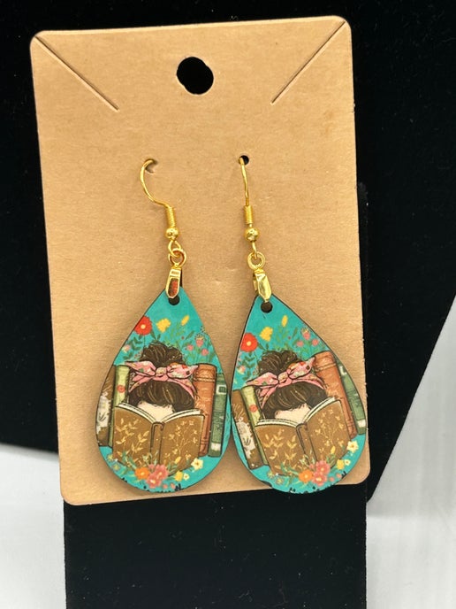 Book Themed Teardrop Shaped Sublimated Earrings