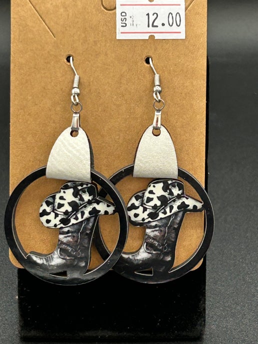 Round Cowboy Boot and Hat Shaped Sublimated Earring