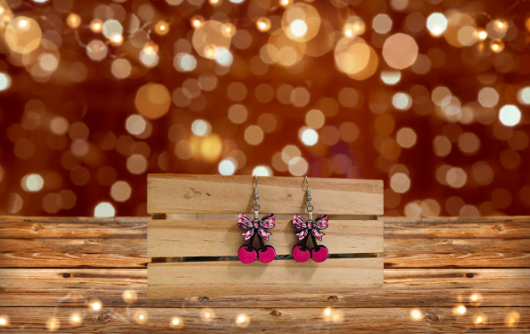 MDF-Cherries with Bow Shaped Sublimated Earrings 1 inch