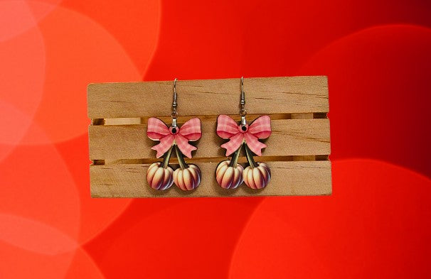 Bow with Cherries Shaped Sublimated Earrings 1.5 inch