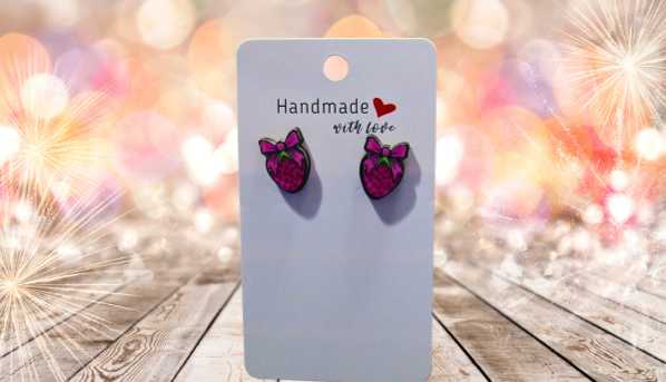 MDF-Strawberry with Bow Shaped Sublimated Stud Earrings