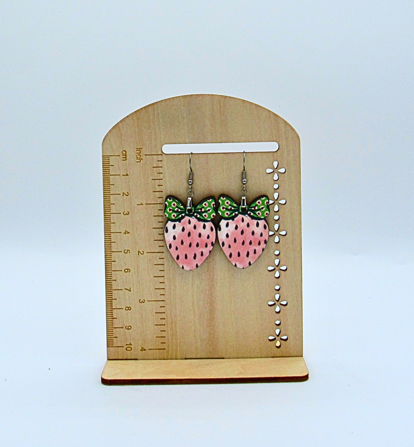 MDF-Strawberry with Bow Shaped Sublimated Earrings 1.5 inch