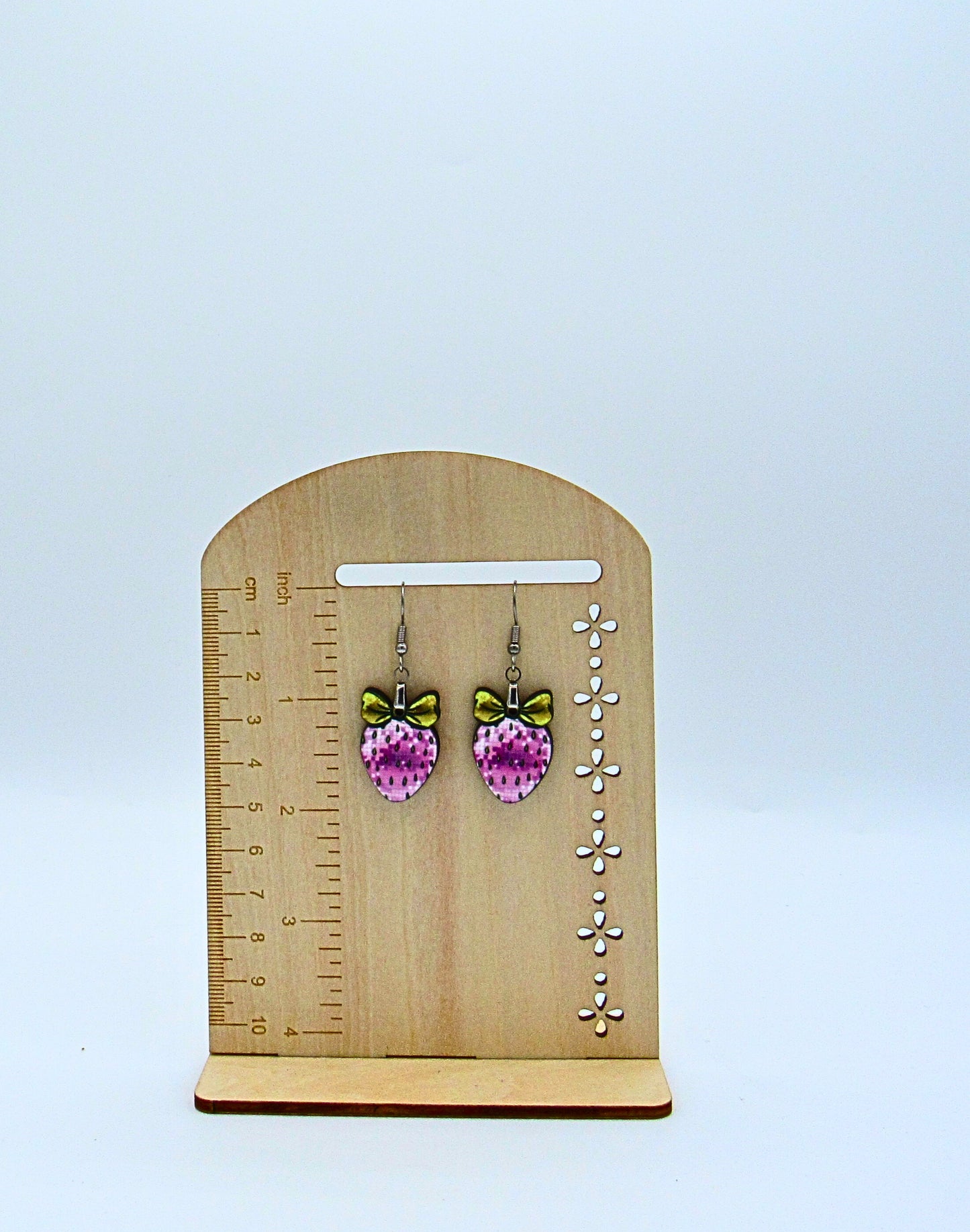 MDF-Strawberry with Bow Shaped Sublimated Earrings 1 inch
