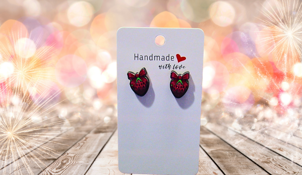 MDF-Strawberry with Bow Shaped Sublimated Stud Earrings