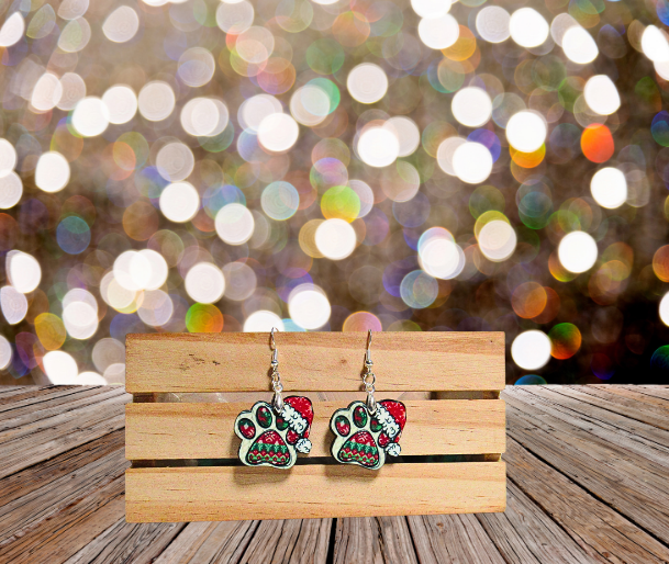 Santa Hat Paw Print Shaped Sublimated Earrings 1 inch