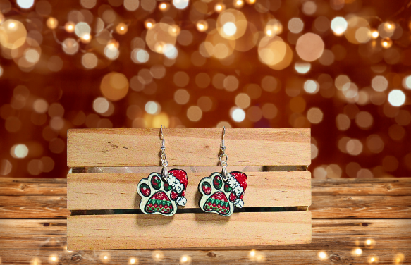 Santa Hat Paw Print Shaped Sublimated Earrings 1 inch