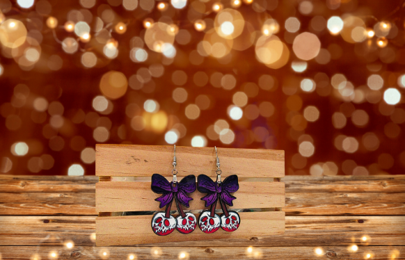 MDF-Cherries with Bow Shaped Sublimated Earrings 1.5 inch